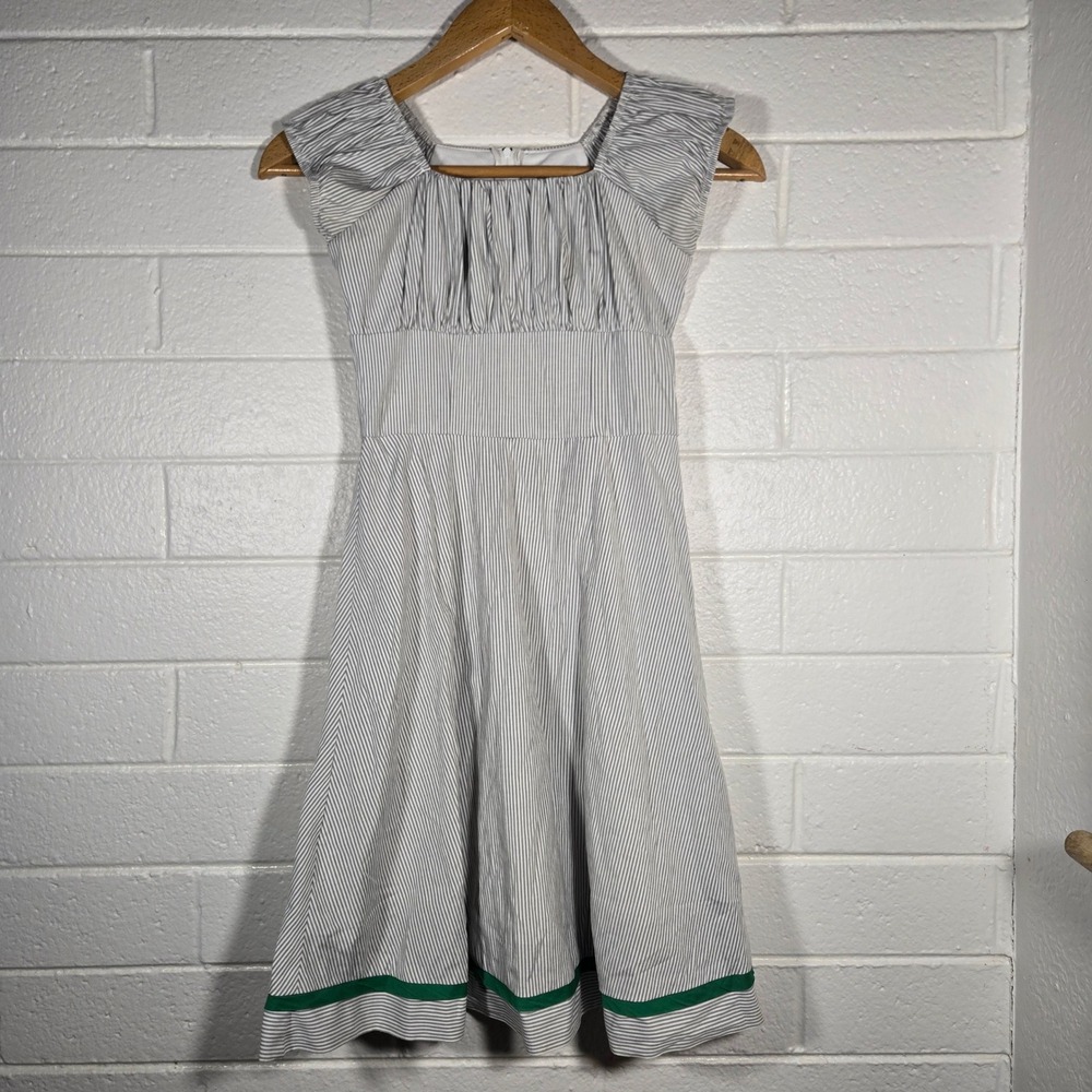 Jody‎ California Striped Fit & Flare Dress Womens 3/4 Gray White Green Trim USA